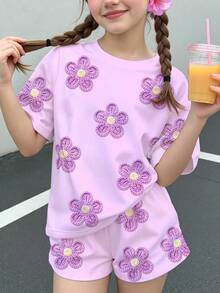 青少年女孩休閒可愛趣味紋理碎花、紫色、碎花田園風、圓領短袖T恤寬鬆短褲2件套，適合春夏圖案、舒適、女孩套裝、Y2k、復古、度假、波點 - 彩色 - 查看 1