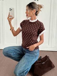 Siren Gaze Women's Polka Dot Pattern Ruffle Collar Short Sleeve Knit Top - Apricot - View 5