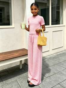 SHEIN 青少年女孩 2件/套圓領短袖T恤套裝，淺粉色條紋，清新舒適，度假、休閒、街頭時尚必備 - 粉色 - 查看 5