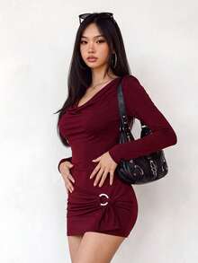 INAWLY 女士秋季纯色方领长袖系肩休闲 T 恤 - 酒紅色 - 查看 6