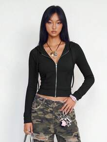 INAWLY Chaqueta con capucha de manga larga con cremallera y bolsillo delantero de unicolor para mujer, otoño - Negro - Ver 7