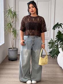 SHEIN EZwear Plus Size Women's Embroidered Elegant Sheer T-Shirt For Vacation And Party - Brown - View 5