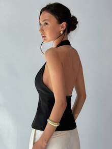 DAZY Solid Color Metal Buckle Fitted Halter Backless Elegant Casual Sexy Autumn Tank Top Vest For Women Vacation Formal Office Black - Black - View 2