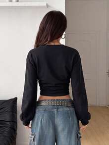 Coolane Women's Solid Color Round Neck Drop Shoulder Long Sleeve Cropped Sweatshirt - Black - View 2
