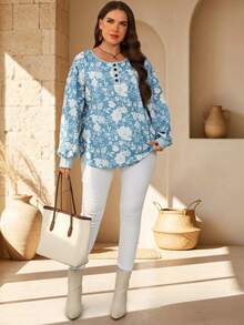EMERY ROSE Plus Size Women's Floral Print Round Neck 3/4 Sleeve Button Front Ribbed Cuff Loose Fit Pullover Hoodies Casual Elegant Autumn Blue And White Birthday - Multicolor - View 7