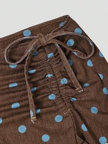 SHEIN PETITE Women's Polka Dot Print Drawstring Ruffle Hem Denim Skirt - Brown - View 3