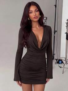 Avantive Women's Solid Color Deep V-Neck Casual Party Mini Dress - Coffee - View 2