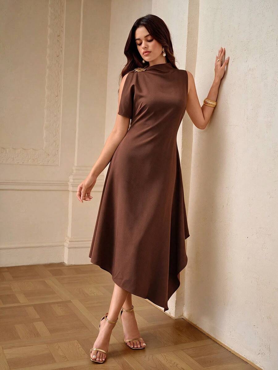 ZEYLAH Spring/Summer Asymmetric Hem Asymmetrical Shoulder Dress - Coffee - View 1
