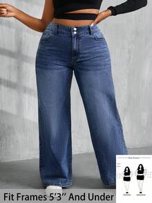 SHEIN PETITE CURVE 女款大尺碼藍色牛仔直筒長褲，秋季女裝穿搭 - 深色水洗藍 - 查看 1