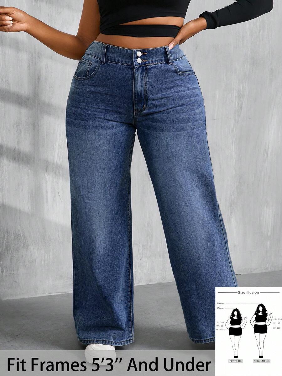 SHEIN PETITE CURVE 女款大尺碼藍色牛仔直筒長褲,秋季女裝穿搭 - 深色水洗藍 - 查看 1