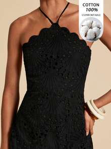 Travachic Halter Neck Split Embroidered Backless Sleeveless Summer Heavy Work Dress Elegant Fall Outfits Boho&Vacation - Black - View 3