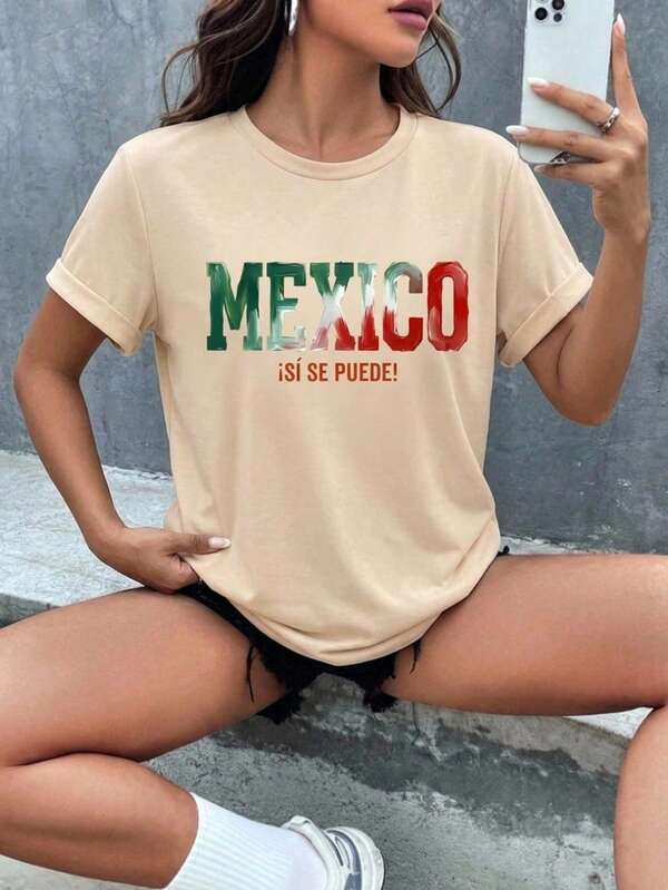 Camisa de Descanso  Deportivo Mujer inependencia Oversized Cuello Redondo Manga Corta Cintura Elástica Mexico Relajado Colores Cómodo