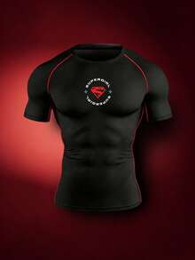 SUPERMAN X SHEIN Gym Rark 男士短袖修身健身運動T恤 - 黑色 - 查看 3