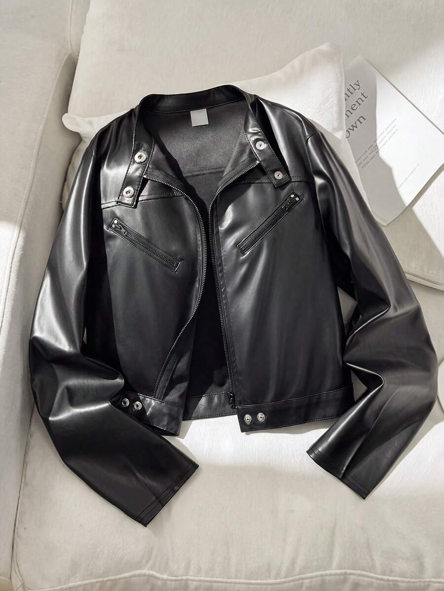SHEIN 青少年女孩休閒街頭風翻領PU金屬拉鍊前開短版夾克,黑色 - 黑色 - 查看 1