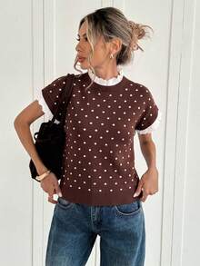 Siren Gaze Women's Polka Dot Pattern Ruffle Collar Short Sleeve Knit Top - Apricot - View 3