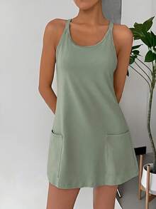 SHEIN EZwear 夏季女款純色日常穿著細肩帶連身裙，內建內搭褲防走光，鼠尾草綠大尺碼，適合健身與網球運動 - 橄欖綠 - 查看 4