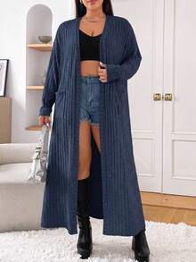 SHEIN EZwear 大尺碼女款素色長袖羅紋開襟休閒長版開襟外套 秋季 - 藏蓝色 - 查看 4