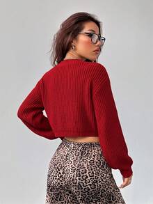 SHEIN PETITE 白色燈籠袖前開扣羅紋針織開襟衫，秋冬露肩毛衣 - 酒紅色 - 查看 2