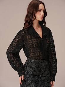 BELROSIE Blus Lengan Panjang Transparan Berenda Berlubang Bordir Mutiara Chiffon Patchwork Kerah Ruffle untuk Malam Halloween, Hitam, Musim Panas, Romantis, Elegan - Hitam - View 4