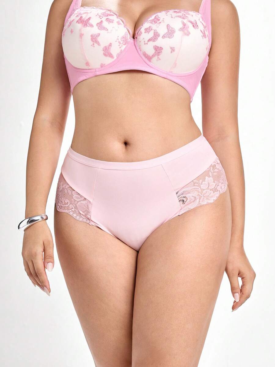 Slumbrini 1pc Plus Size Women's Lace Patchwork Underwear - Pink - View 1