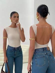 Firerie Women's Solid Color Backless Fitted Versatile Daily Wear Bodysuit - Khaki - View 2