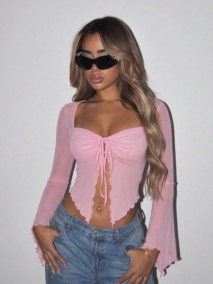 SHEIN ICON 女士方领不对称下摆 T 恤 - 淺粉色 - 查看 1