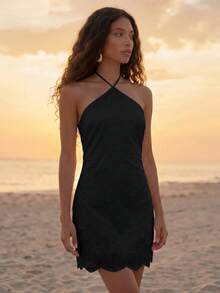 CAJUNI Women's Solid Color Fashion Halter Mini Dress For Vacation - Black - View 3