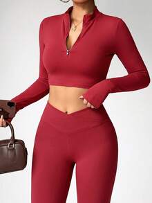 Easithlete Women's Solid Color Long Sleeve Half-Zip T-Shirt And Leggings Sports Set - Red Violet - View 5