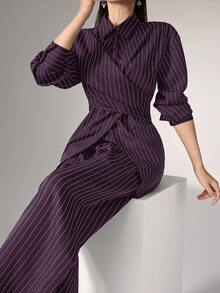Heiryn Waist-Cinched Wrap Korean Business Casual Old Money Style Commuter Office Daily Versatile Shirt-Style Two Pieces Set Navy Blue And White Autumn - Purple - View 5