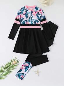 SHEIN Teen Girls' Flower Print Patchwork Bikini Set Summer Holiday - Black - View 1