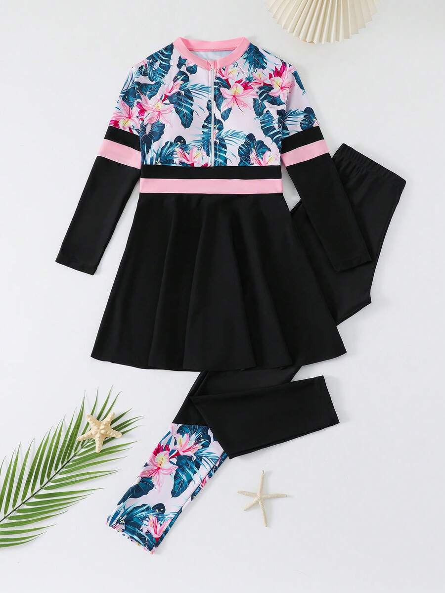 SHEIN Teen Girls' Flower Print Patchwork Bikini Set Summer Holiday - Black - View 1