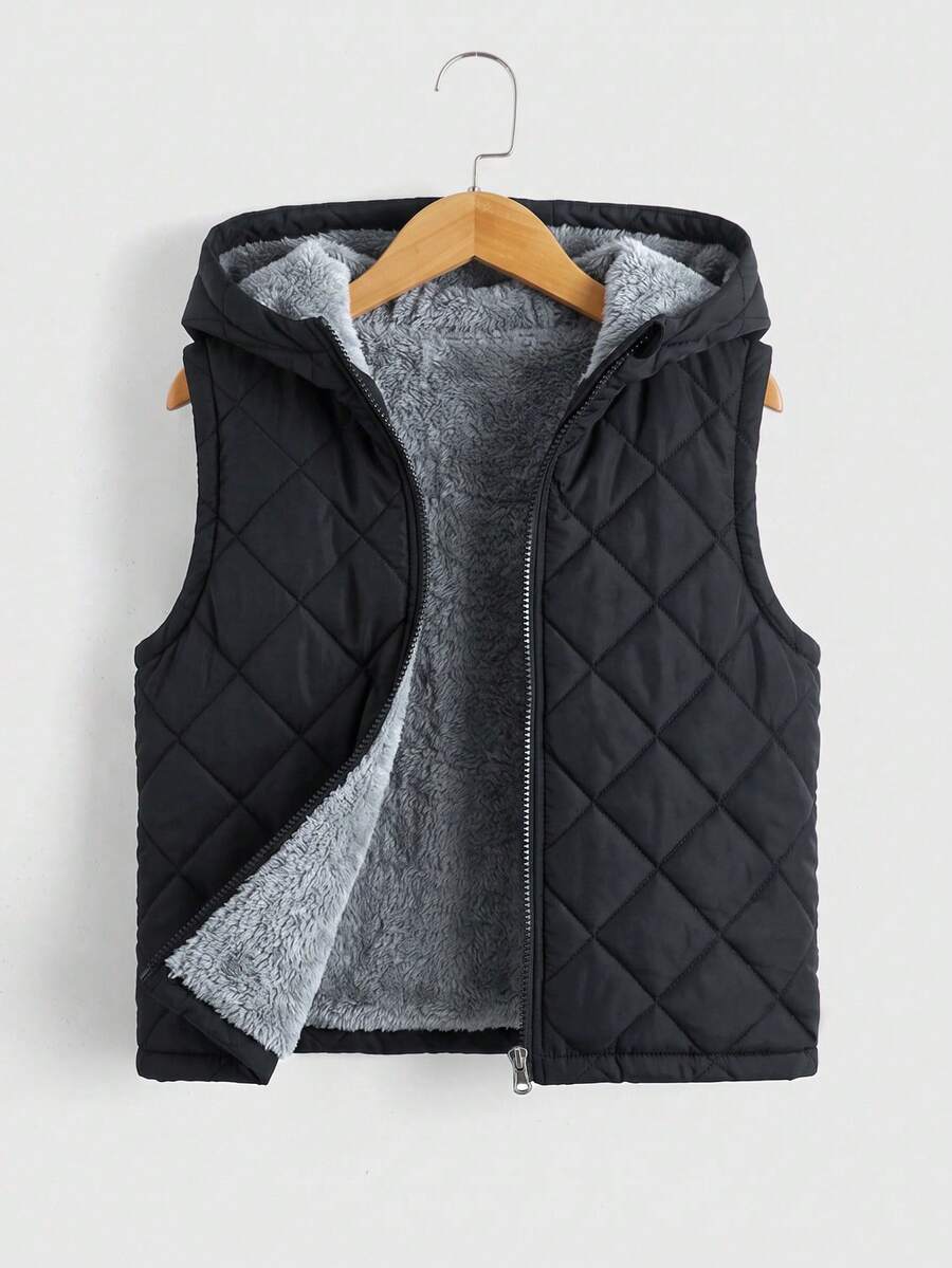 SHEIN 兒童小男孩純色前開拉鍊保暖內裡連帽冬季背心 秋季 - 黑色 - 查看 1