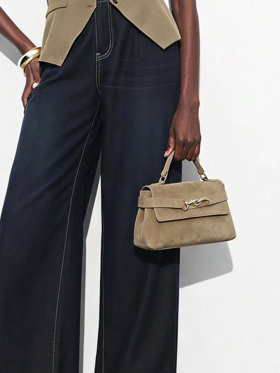 Maija Ladies Khaki Suede Hardware Buckle Decorative Suede Handbag, Fashionable And Elegant, Simple And Versatile Classic, Commuter Office Dating Daily - Khaki - View 1