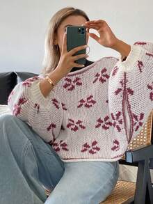 DAZY Women's Floral Jacquard Loose Lantern Sleeve Boat Neck Casual Vacation Spring Autumn Pullover Knit Sweater - Pink - View 2