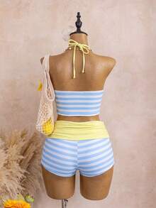 Bellisia Vintage Striped Halter V-Neck Two-Piece Swimwear, High Waist Bikini Bottom 3 Pieces Set, Beach Vacation Swimwear - Multicolor - View 5