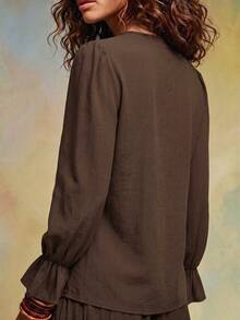 SHEIN Women's Brown Cowl Neck Long Sleeve Elegant Casual Blouse - Coffee Brown - View 2