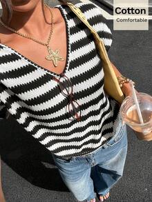Siren Gaze Summer New V-Neck Wide Short Sleeve Top For Women - Black and White - View 1