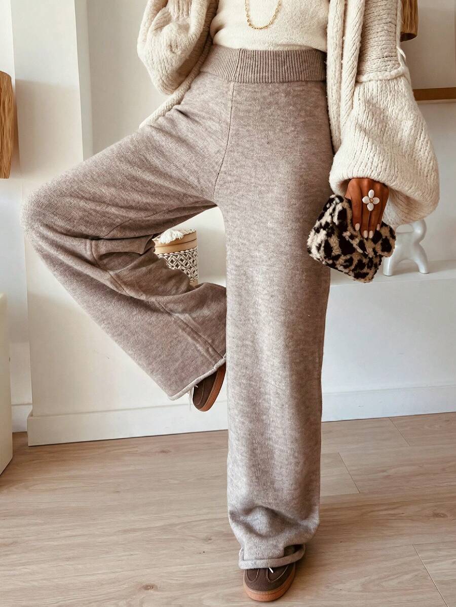 SHEIN Women Heathered Knit Flared Pants, Autumn High Waist Rib Waistband Loungewear Trousers - Khaki - View 1