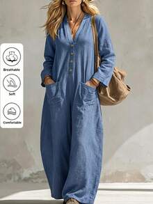 Linhara CURVE 2026 New V-Neck Plus Size Women's Jumpsuit With Pockets - Blue - View 3
