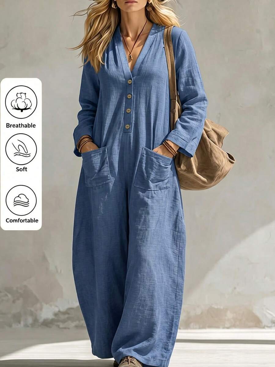 Linhara CURVE 2026 New V-Neck Plus Size Women's Jumpsuit With Pockets - Blue - View 1