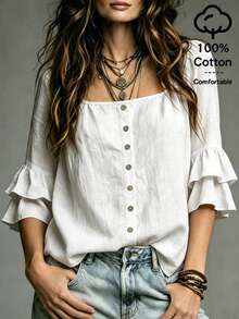 SHEIN White Washed Crinkled Fabric Square Neck Front Placket With Round Wooden Buttons Shoulder Gathered Double Layer Ruffle Trim Three-Quarter Straight Sleeve Slim Fit Cropped Blouse - White - View 6