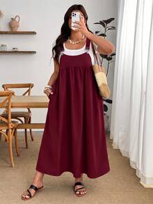Enliva Plus Size Women's Solid Color Pleated Loose Strap Dress - Burgundy - View 5