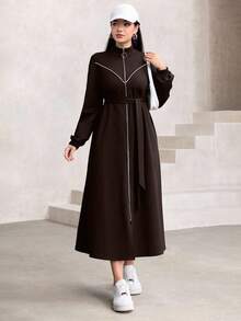 Graceveil Women's Autumn And Winter Outfit Simple Daily Solid Color Stand Collar Front Zipper Lantern Sleeves With Belt Long Abaya Robe Dress - Coffee Brown - View 7
