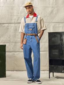 Norleigh Celana Bib Denim Kasual Pria dengan Bordir Huruf dan Kantong, Cocok untuk Semua Gaya - Medium Wash - View 1