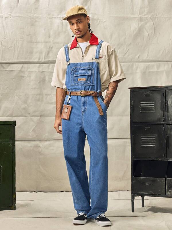 Norleigh Men's Letter Embroidered Pocket Casual All-Match Denim Bib Pants