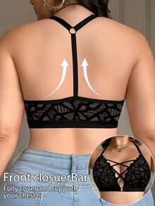 Seduluxe 1pc Plus Size Front Open Hook Lace Bralette, Wireless, Lift Lingerie Bra - Black - View 2