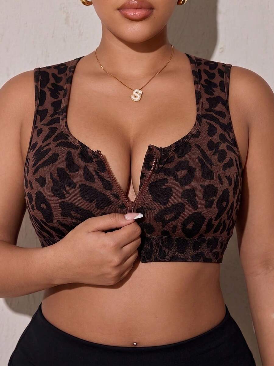 SHEIN Rhythm Era Women's Plus Size Leopard Print Casual Daily Gym Gym Sports Sports Bra Gym Sports Chocolate Brown Summer Gym Sports - Brown - View 1