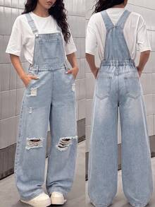 SHEIN 青少年女孩時尚返校街頭風混搭百搭設計 Y2K 復古可愛酷感簡約寬鬆舒適懷舊水洗藍破洞後腰束帶牛仔連身褲，青少年女孩日常穿著，春夏季 Rave 派對、音樂節穿搭街頭服飾 - 藍色 - 查看 1