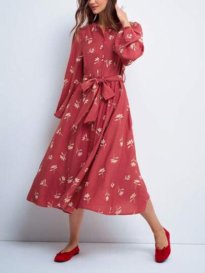 Dayvera Women's Floral Print Long Sleeve Single-Breasted Pocket Shirt Dress