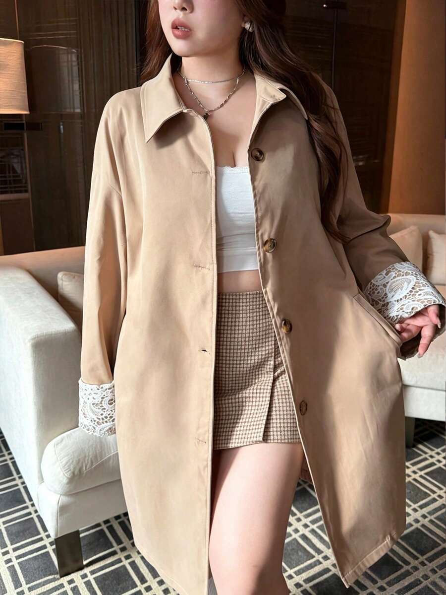 Vibekara Trench Coat Khaki Serbaguna Model Baru Musim Gugur/Dingin dengan Patchwork Kain Renda Lengan Panjang Sedang Ukuran Plus Jaket Trench Coat Musim Gugur - Khaki - View 1